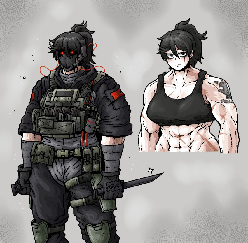 1girl abs ammunition_pouch black_hair dual_wielding gloves glowing glowing_eyes highres holding knife looking_at_viewer mask muscular muscular_female octosoup original plate_carrier pouch red_eyes scar scar_across_eye shoulder_tattoo simple_background sleeves_rolled_up solo sparkle tactical_clothes tank_top tattoo