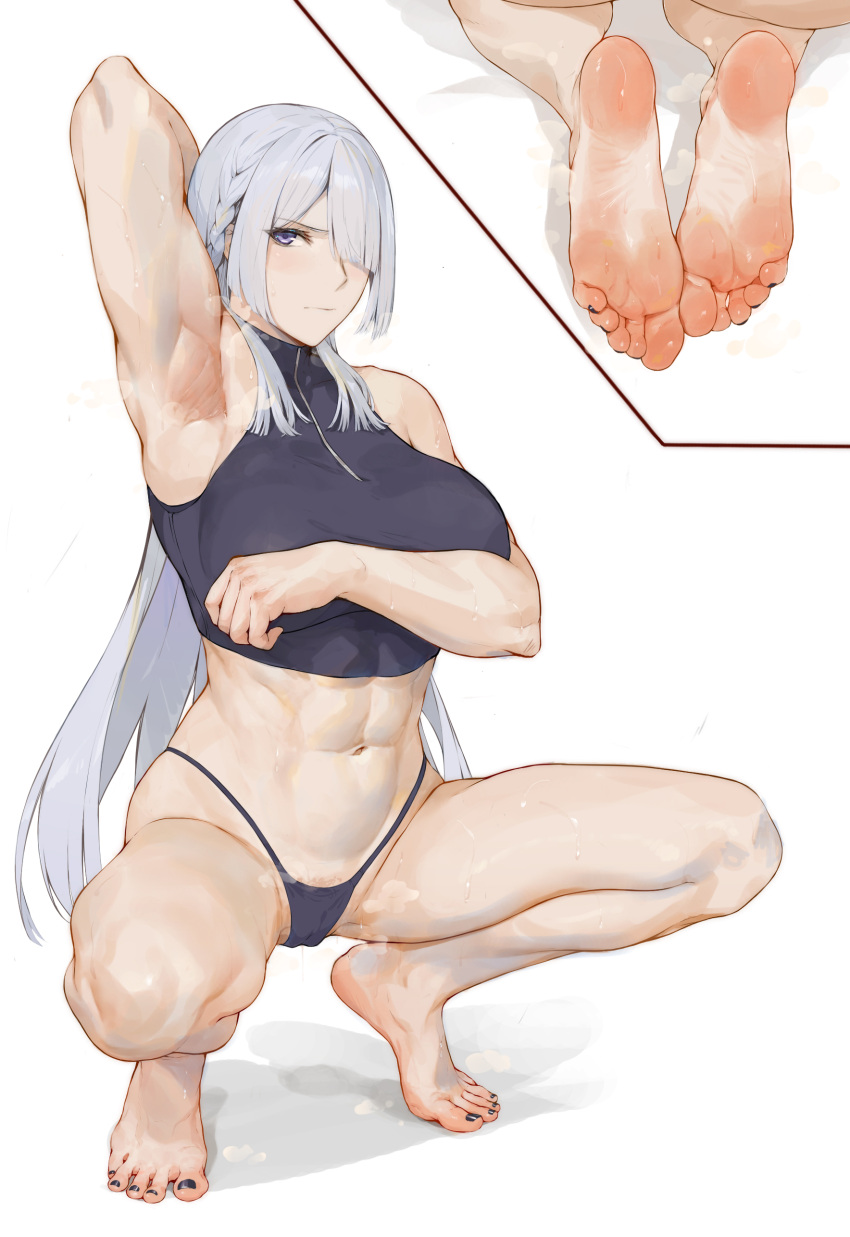 1girl abs absurdres ak-15_(girls'_frontline) arm_behind_head armpits bare_shoulders barefoot black_nails braid breasts cameltoe chinese_commentary closed_mouth commentary_request covering covering_breasts feet full_body girls'_frontline grey_hair highres large_breasts laserflip long_hair looking_at_viewer nail_polish navel panties presenting_armpit purple_eyes purple_panties shirt simple_background sleeveless sleeveless_shirt soles solo squatting steaming_body stomach sweat thighs tiptoes toes toned underwear very_long_hair white_background
