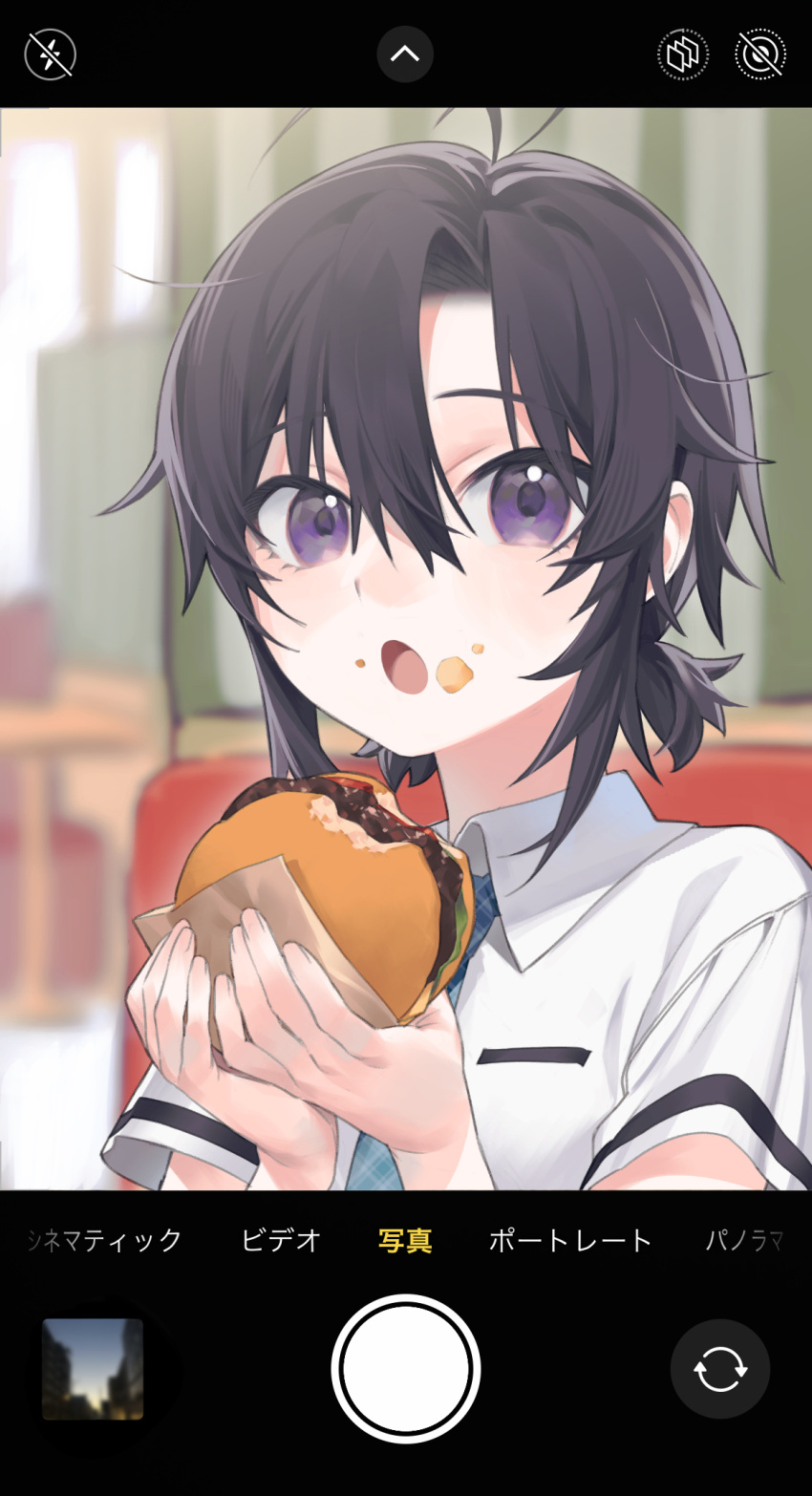 1girl :o antenna_hair black_hair burger commentary fake_phone_screenshot fake_screenshot food food_bite food_on_face highres holding holding_food idolmaster idolmaster_(classic) idolmaster_million_live! kikuchi_makoto looking_at_viewer purple_eyes restaurant shirt short_ponytail short_sleeves solo taking_picture translated upper_body user_interface vickyycy99 white_shirt