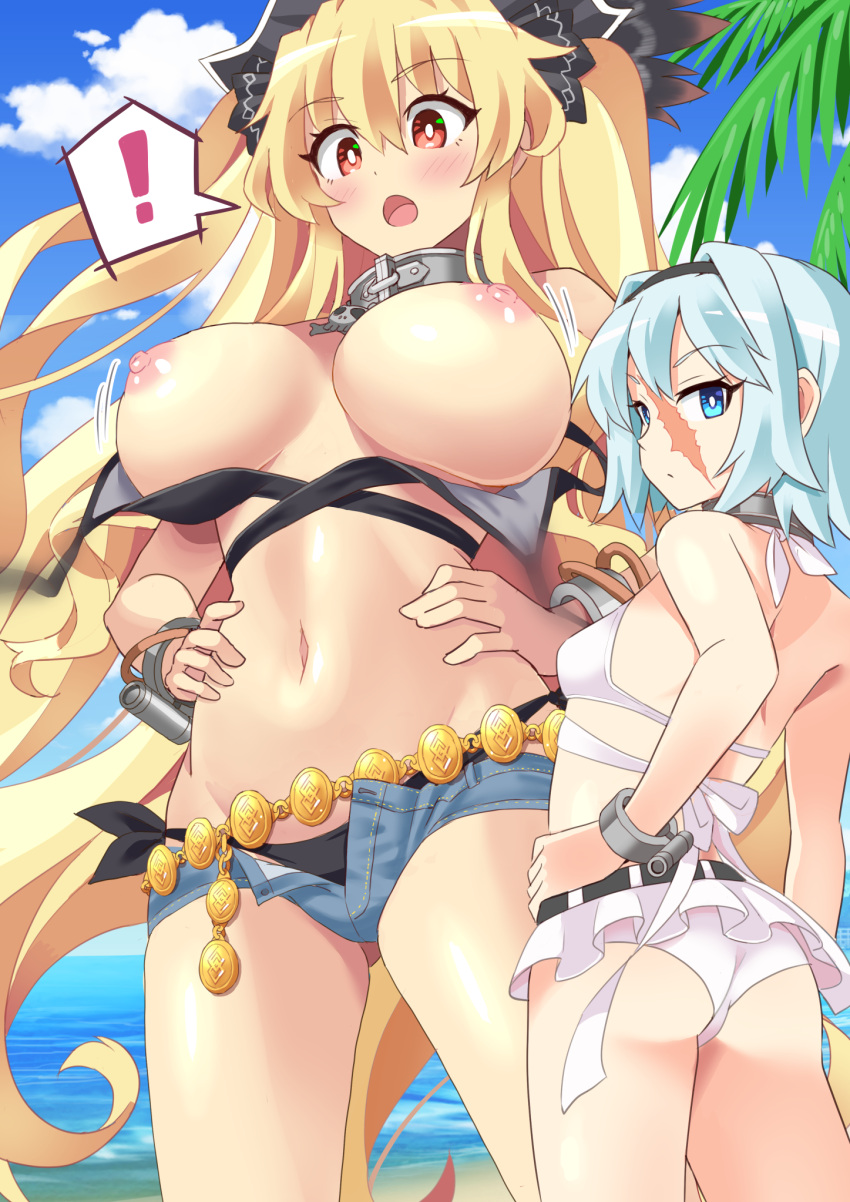 ! 2girls anne_bonny_(fate) anne_bonny_(swimsuit_archer)_(fate) anne_bonny_(swimsuit_archer)_(first_ascension)_(fate) ass back bare_shoulders beach belly_chain belt bikini black_bikini black_hairband black_headwear blonde_hair blue_eyes blue_shorts blue_sky blush breasts collar cuffs denim denim_shorts fate/grand_order fate_(series) hairband hat highres jewelry large_breasts long_hair looking_at_viewer mary_read_(fate) mary_read_(swimsuit_archer)_(fate) mary_read_(swimsuit_archer)_(first_ascension)_(fate) metal_collar microskirt multiple_girls navel nipples open_fly open_mouth pirate_hat red_eyes scar scar_on_face shore short_hair short_shorts shorts sidelocks skirt sky small_breasts swimsuit thighs two_side_up white_bikini white_hair xiafuizui