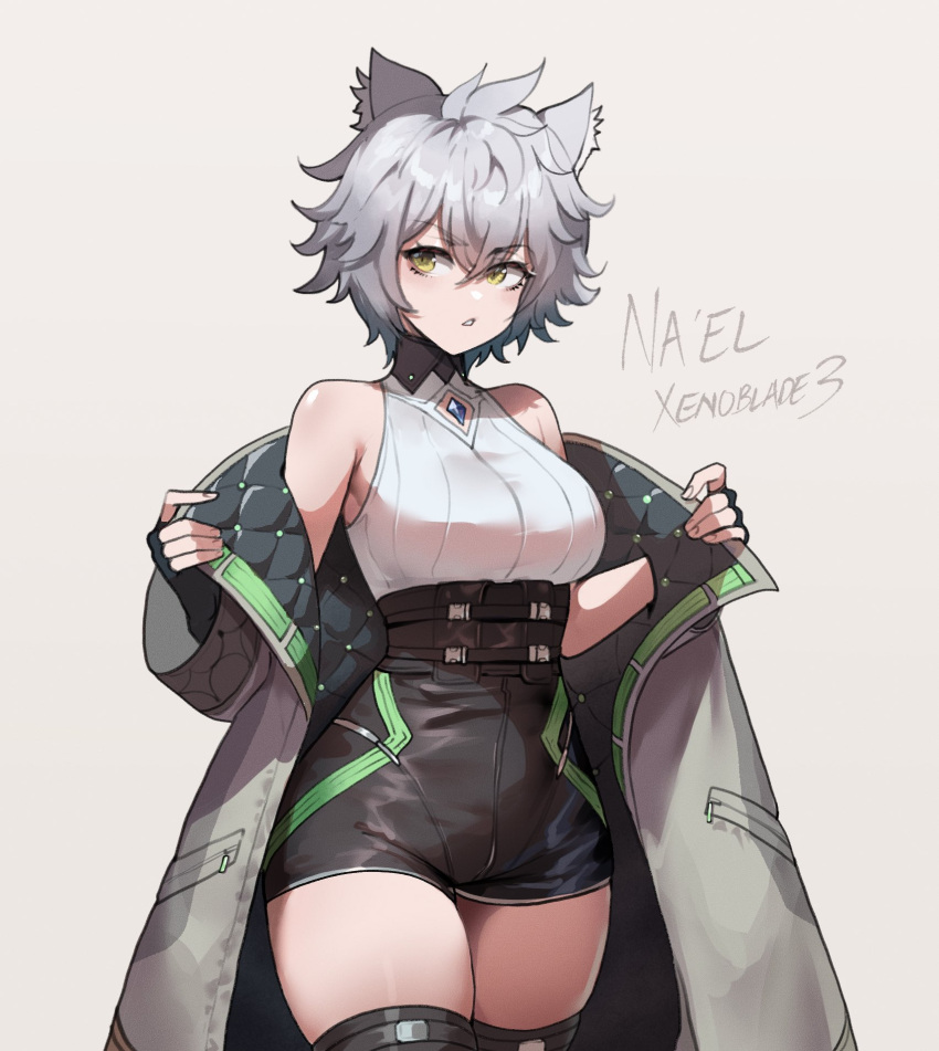 1girl animal_ears breasts cat_ears cat_girl chest_jewel clothing_cutout core_crystal_(xenoblade) crystal diamond_cutout fingerless_gloves gloves high-waist_shorts highres looking_at_viewer medium_breasts messy_hair na'el_(xenoblade) nyantcha parted_lips romper short_hair short_shorts shorts solo thick_thighs thighhighs thighs xenoblade_chronicles_(series) xenoblade_chronicles_3 xenoblade_chronicles_3:_future_redeemed yellow_eyes