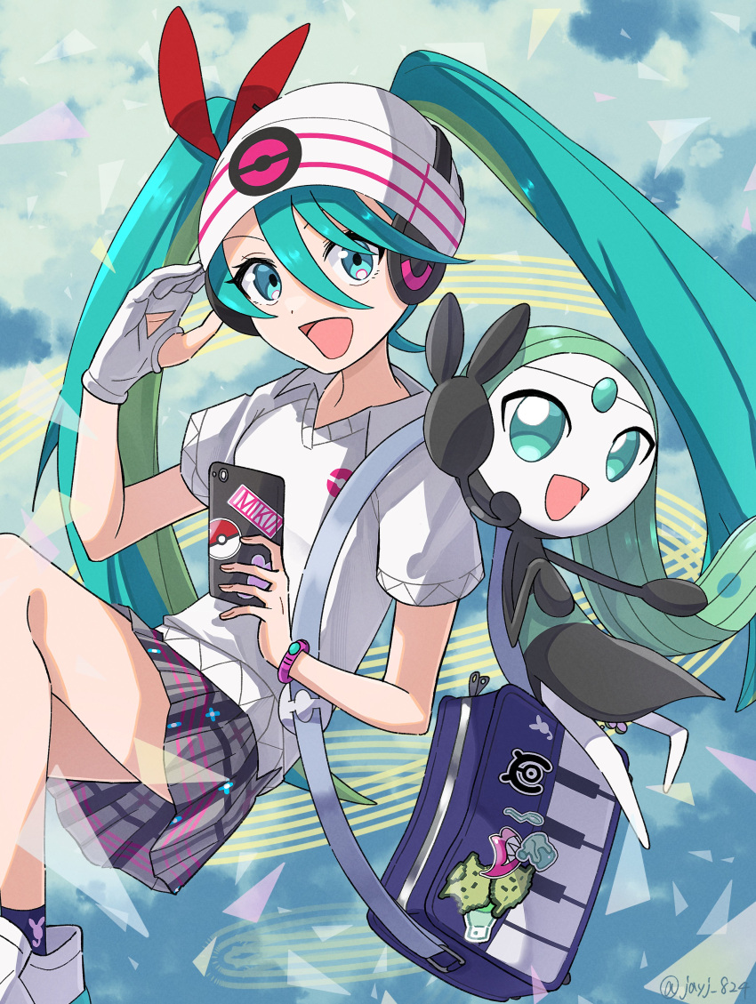 1girl absurdres beanie bracelet cellphone collared_shirt commentary_request crossover eyelashes gloves green_eyes green_hair hair_between_eyes hand_up hat hatsune_miku headphones highres holding holding_phone jayj_824 jewelry long_hair meloetta partially_fingerless_gloves phone plaid plaid_skirt poke_ball_print pokemon pokemon_(creature) project_voltage shirt shoes short_sleeves single_glove skirt socks twintails vocaloid white_footwear white_headwear