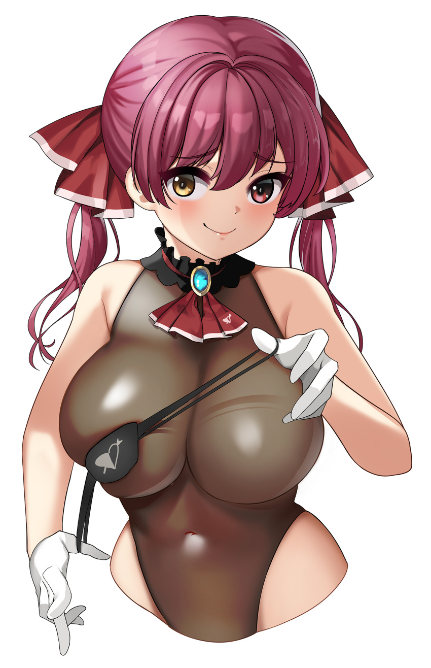 1girl ascot bodystocking breasts closed_mouth covered_navel dopamine70 eyepatch gloves hair_between_eyes heterochromia highres hololive houshou_marine large_breasts long_hair looking_at_viewer red_ascot red_eyes red_hair simple_background smile solo twintails virtual_youtuber white_background white_gloves yellow_eyes