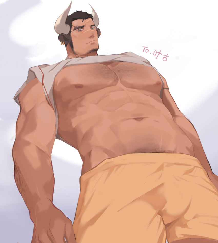 1boy abs animal_ears arm_hair bara bare_pectorals borrowed_character brown_hair chest_hair clothes_lift cow_boy cow_ears cow_horns da_tan_lu_(goo) facial_hair feet_out_of_frame from_below gift_art goatee highres horns large_pectorals light_smile lixiao6342 long_sideburns looking_at_viewer male_focus mature_male muscular muscular_male nipples original pectorals pubic_hair pubic_hair_peek scar scar_on_face scar_on_forehead scar_on_nose shirt_lift short_hair sideburns solo stomach thick_eyebrows