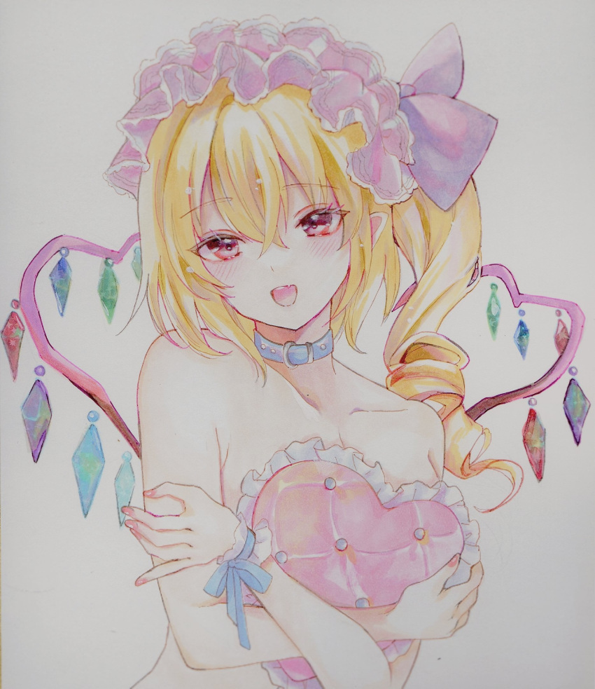 1girl :d ama_i_zzz blonde_hair blush collar crossed_bangs crystal drill_hair flandre_scarlet frills hair_between_eyes happy hat highres long_hair looking_at_viewer medium_hair mob_cap nail_polish nude object_hug one_side_up open_mouth pillow pillow_hug pink_eyes pink_nails pointy_ears simple_background smile solo touhou traditional_media upper_body white_background wings
