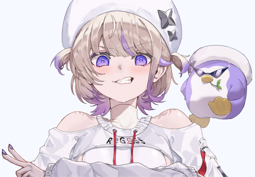 1girl banpen_(todoroki_hajime) bird blonde_hair blush breasts clothing_cutout commentary fur_hat grin hat highres hololive jacket looking_at_viewer multicolored_hair nail_polish penguin purple_eyes purple_hair purple_nails shirt short_hair short_twintails shoulder_cutout shrug_(clothing) simple_background small_breasts smile solo streaked_hair sunglasses takotobuta todoroki_hajime turtleneck twintails two-tone_hair upper_body v v-shaped_eyebrows virtual_youtuber white_background white_headwear white_jacket white_shirt