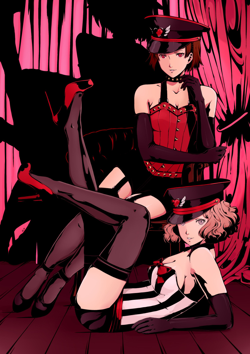 2girls absurdres alternate_costume bare_shoulders black_gloves bow breasts brown_eyes brown_hair choker cleavage collarbone corset cortodan curtains dress elbow_gloves garter_straps gloves hat heart high_heels highres indoors leather leg_up legs_together lips looking_at_viewer multiple_girls niijima_makoto okumura_haru on_floor open_mouth persona persona_5 persona_5:_dancing_star_night red_eyes shadow short_hair short_shorts shorts sitting smile striped striped_dress studded_choker thighhighs