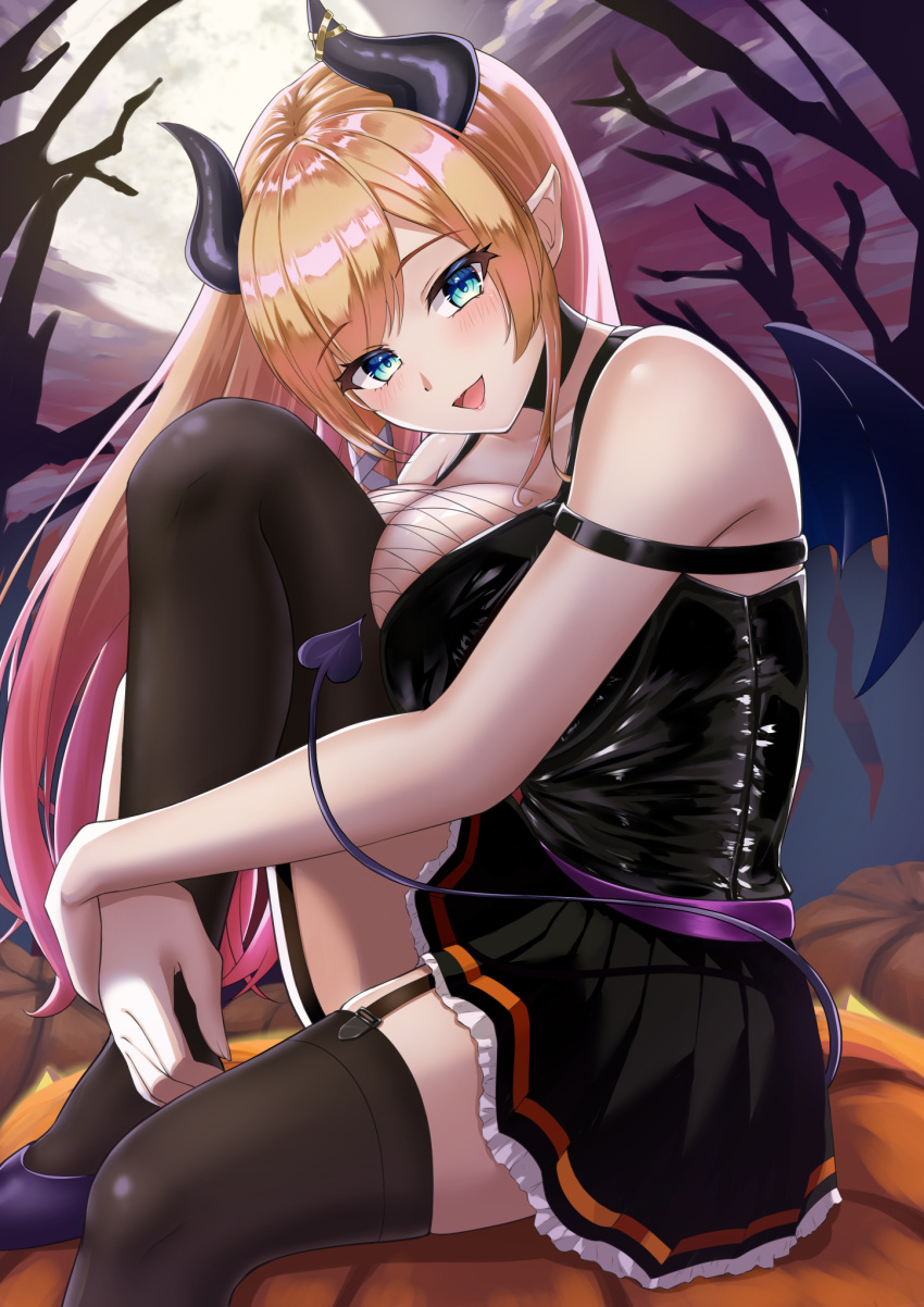 1girl belt black_choker black_dress black_garter_straps black_thighhighs blonde_hair blue_eyes blush breasts choker cleavage demon_girl demon_horns demon_tail demon_wings dress garter_straps halloween highres hololive horns large_breasts leg_up long_hair looking_at_viewer on_pumpkin open_mouth pointy_ears purple_belt purple_footwear smile solo suzuki_(white-world) tail thighhighs virtual_youtuber wings yuzuki_choco