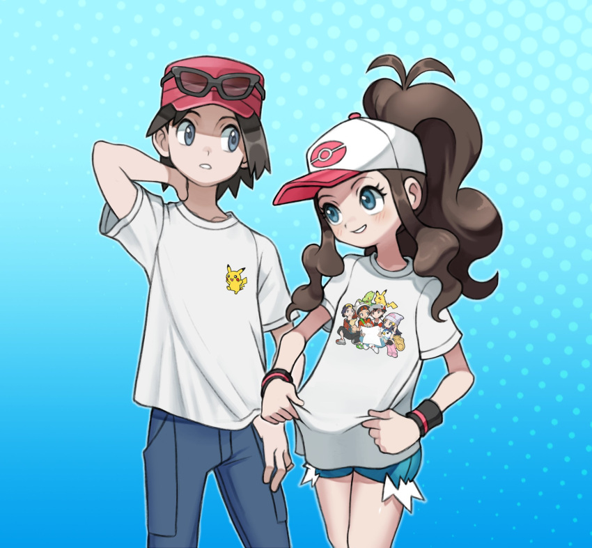 1boy 1girl antenna_hair baseball_cap black_wristband blue_background blush brown_hair calem_(pokemon) commentary eyewear_on_headwear grey_eyes hand_up hat highres hilda_(pokemon) hyo_oppa long_hair pants parted_lips pokemon pokemon_(game) pokemon_bw pokemon_xy print_shirt shirt shirt_tug short_hair short_shorts short_sleeves shorts sidelocks sunglasses t-shirt white_headwear white_shirt