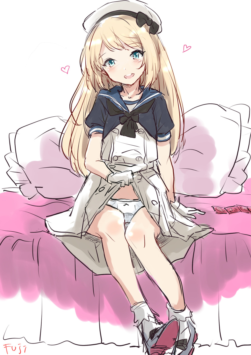 1girl bed black_neckerchief blonde_hair blue_eyes blue_jacket blue_sailor_collar condom condom_wrapper dress fuji_(pixiv24804665) gloves hat highres jacket jervis_(kancolle) kantai_collection lifted_by_self long_hair looking_at_viewer mary_janes neckerchief open_mouth panties pillow round_teeth sailor_collar sailor_dress sailor_hat shoes short_sleeves simple_background sitting smile socks solo teeth underwear upper_teeth_only white_background white_dress white_gloves white_headwear white_panties white_socks