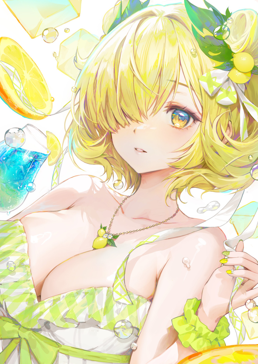 1girl absurdres bare_shoulders blonde_hair breasts cleavage floating floating_object flower food fruit hair_flower hair_ornament hand_up highres jewelry juice large_breasts lemon looking_at_viewer necklace no_bra one_eye_covered original parted_lips rwael short_hair sleeveless solo water_drop white_background yellow_eyes