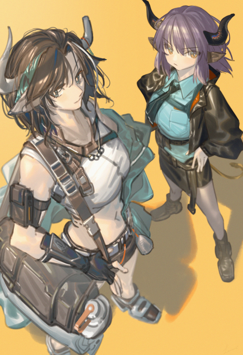 2girls arknights black_footwear black_gloves black_hair black_jacket black_skirt blue_shirt boots breasts closed_mouth collared_shirt crop_top dress_shirt fingerless_gloves gloves grey_eyes hair_between_eyes hands_on_own_hips highres horns jacket lanzi_(415460661) light_smile long_sleeves medium_breasts midriff multiple_girls navel open_clothes open_jacket orange_eyes pointy_ears puffy_long_sleeves puffy_sleeves purple_hair shirt sideroca_(arknights) skirt sleeves_past_wrists standing v-shaped_eyebrows wind_chimes_(arknights) yellow_background