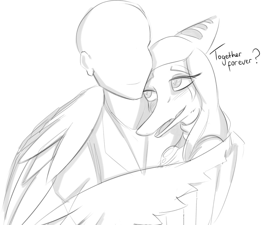 2023 anon_(snoot_game) anthro bald black_and_white blush clothing dialogue dinosaur duo embrace english_text eyelashes fang_(gvh) feathered_wings feathers female goodbye_volcano_high hair hi_res hug human jacket jewelry long_hair long_snout male male/female mammal monochrome necklace pterodactylus pterosaur reptile scalie smile snoot_game_(fan_game) snout text topwear unknown_artist using_wings wing_hug wings