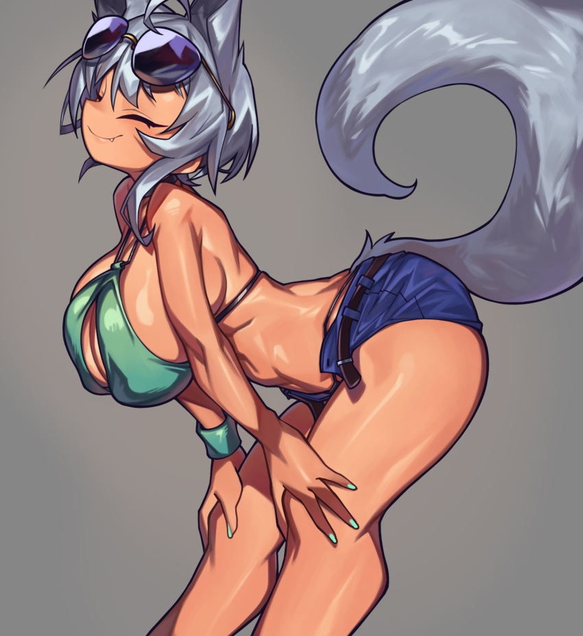 1girl ahoge animal_ears bare_arms belt bent_over bikini bikini_top_only blue_shorts breasts closed_eyes commentary cowboy_shot dark-skinned_female dark_skin denim denim_shorts eyewear_on_head fang fang_out fox_ears fox_tail from_side green_bikini green_nails grey_background halterneck hands_on_own_knees highres huge_breasts micro_shorts nail_polish open_belt open_fly original panty_straps profile short_hair shorts simple_background smile solo sunglasses swimsuit tail tail_raised thighs waa153 wristband