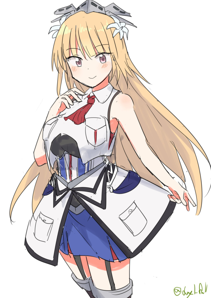 1girl absurdres black_shirt blonde_hair blue_skirt breasts brooklyn_(kancolle) flower garter_straps hair_flower hair_ornament highres jacket kantai_collection large_breasts long_hair military_uniform neckerchief one-hour_drawing_challenge red_eyes red_neckerchief robinson_(day_l_full) shirt simple_background skirt sleeveless sleeveless_jacket sleeveless_shirt smile solo standing thighhighs twitter_username undershirt underwater uniform white_background white_jacket white_shirt