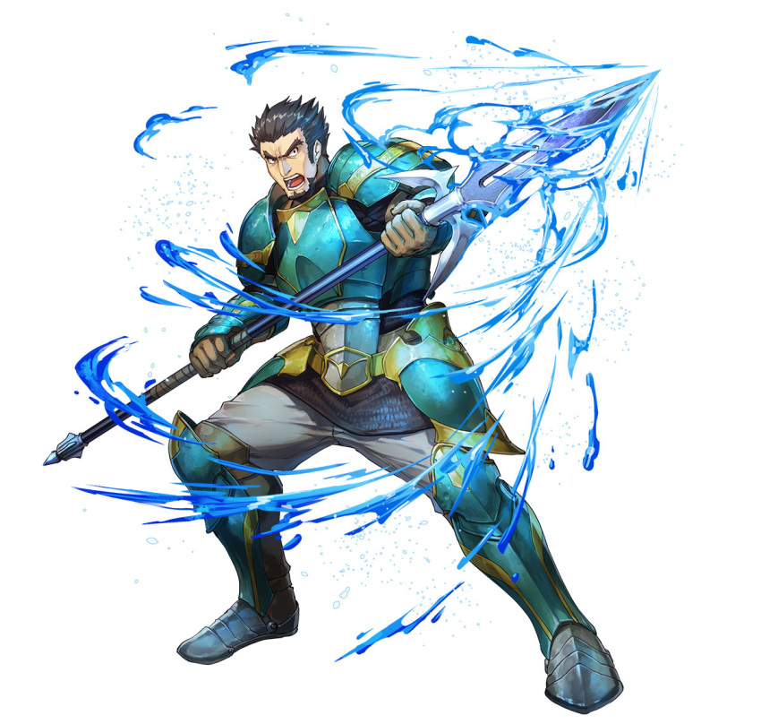 1boy armor beard black_eyes black_hair chainmail facial_hair fire_emblem fire_emblem:_the_sacred_stones fire_emblem_heroes gilliam_(fire_emblem) holding holding_polearm holding_weapon leg_armor official_art open_mouth pants polearm raised_eyebrows shoulder_armor solo teeth v-shaped_eyebrows weapon white_background