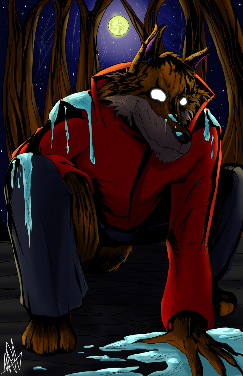 absurd_res anthro aren_ace_armmen babyaren baggy_pants canid canine canis clothing comic costume cover cover_art cover_page detailed_background forest fursuit glowing glowing_eyes hi_res human jacket liquid male mammal marvel mask plant red_clothing scary slime slime_on_body solo solo_focus spider-man_(series) topwear tree wolf