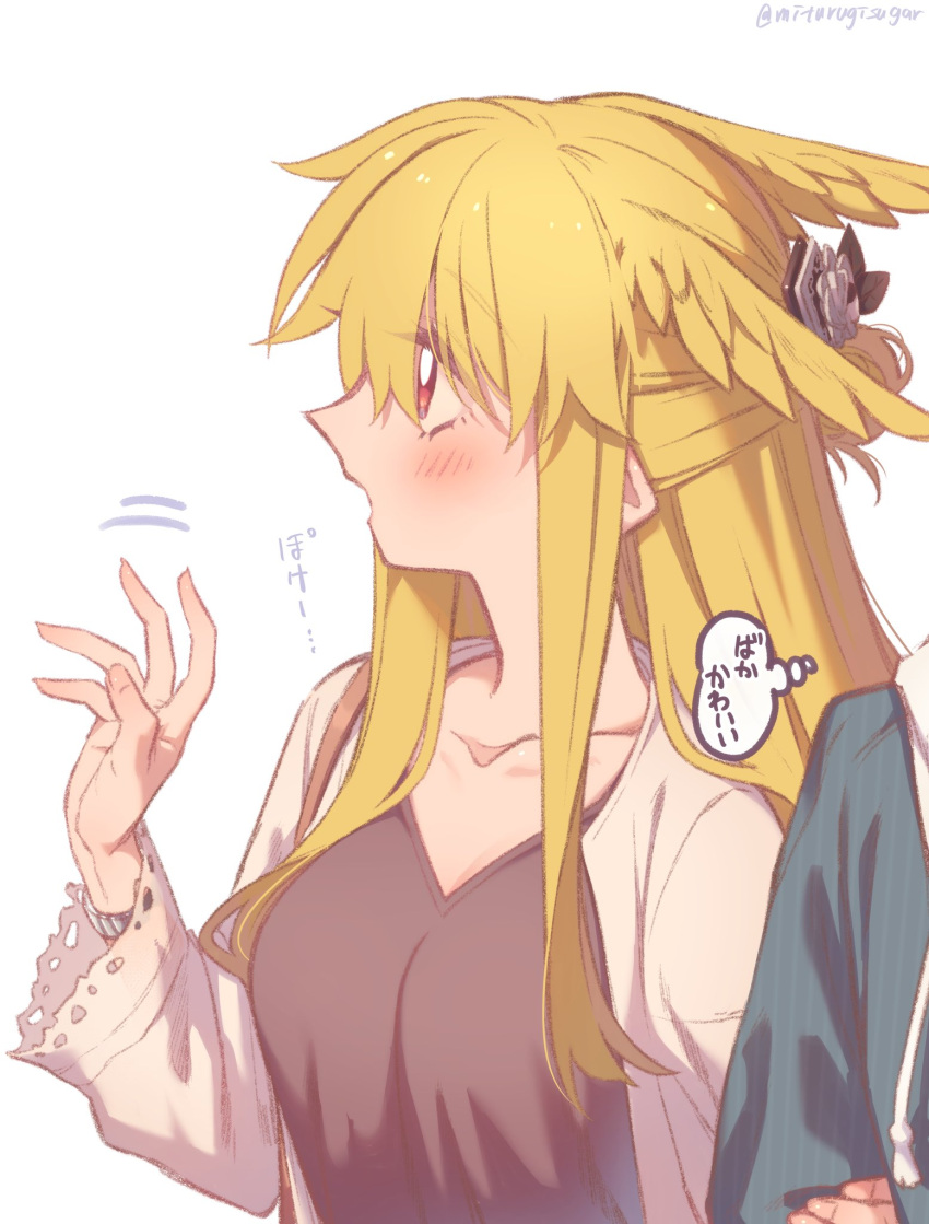 1boy 1girl black_shirt blonde_hair blue_jacket blush breasts collarbone commentary_request fate/grand_order fate_(series) hair_ornament half_updo highres jacket large_breasts long_hair long_sleeves looking_to_the_side mitsurugi_sugar open_clothes open_jacket open_mouth red_eyes shirt solo_focus thought_bubble thrud_(fate) translation_request valkyrie_(fate) variant_set white_background white_jacket