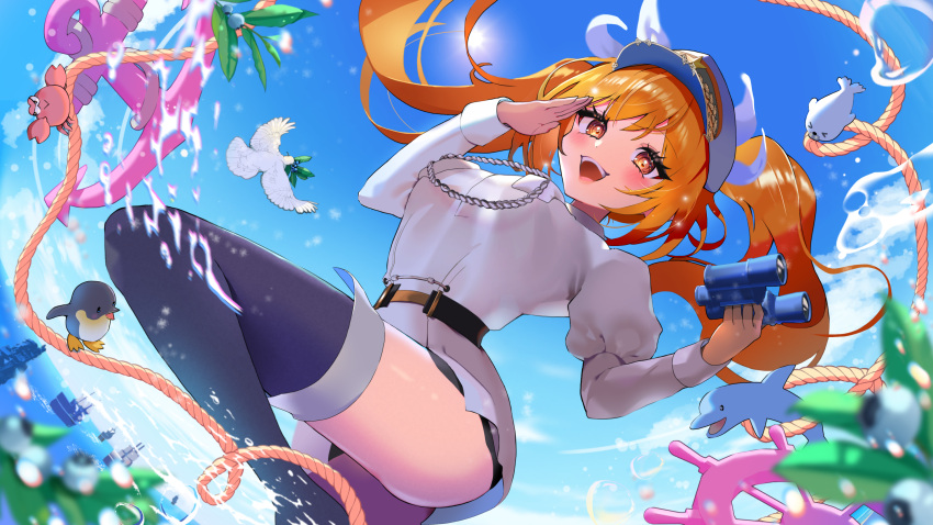 1girl aiguillette anchor binoculars bird black_thighhighs blue_sky blurry blurry_foreground breasts coat commission crab dolphin hat highres holding holding_binoculars indie_virtual_youtuber long_hair military_hat military_uniform naval_uniform ocean open_mouth orange_eyes orange_hair peaked_cap penguin puffy_sleeves rope salute ship ship's_wheel sky solo sun thighhighs thighs trina_deuhart twintails uniform virtual_youtuber water watercraft white_coat white_dove white_headwear yuarima2