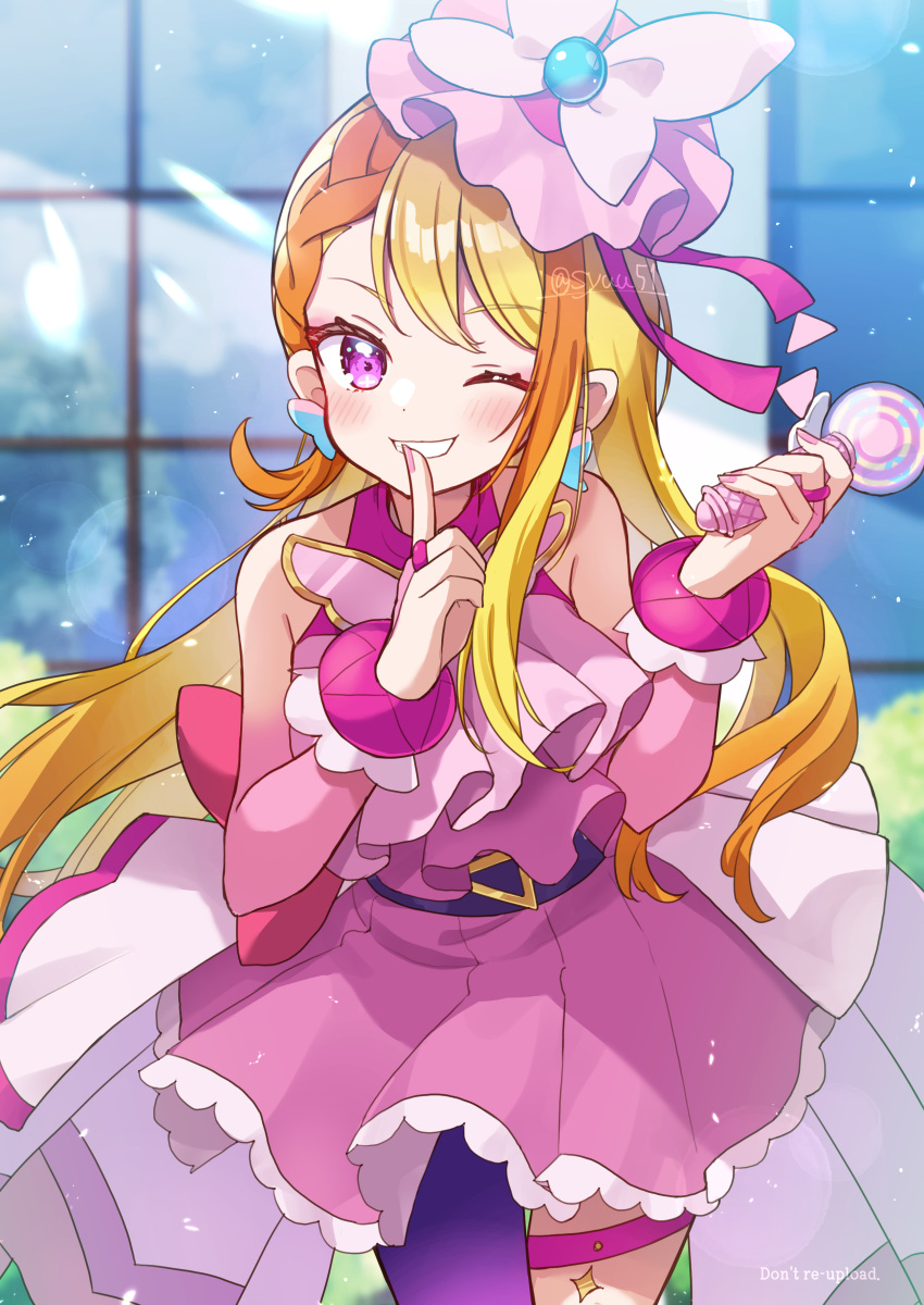 1girl absurdres belt_bow blonde_hair bow_skirt braid brooch butterfly_brooch butterfly_earrings butterfly_hat butterfly_hat_ornament cure_butterfly earrings hat hat_ornament highres hijiri_ageha hirogaru_sky!_precure jewelry long_hair magical_girl midriff navel one_eye_closed pantyhose pink_headwear pink_skirt precure purple_eyes purple_pantyhose shirt shuu_(mniarnoakou) single_leg_pantyhose skirt sky_mirage smile solo very_long_hair window wing_brooch