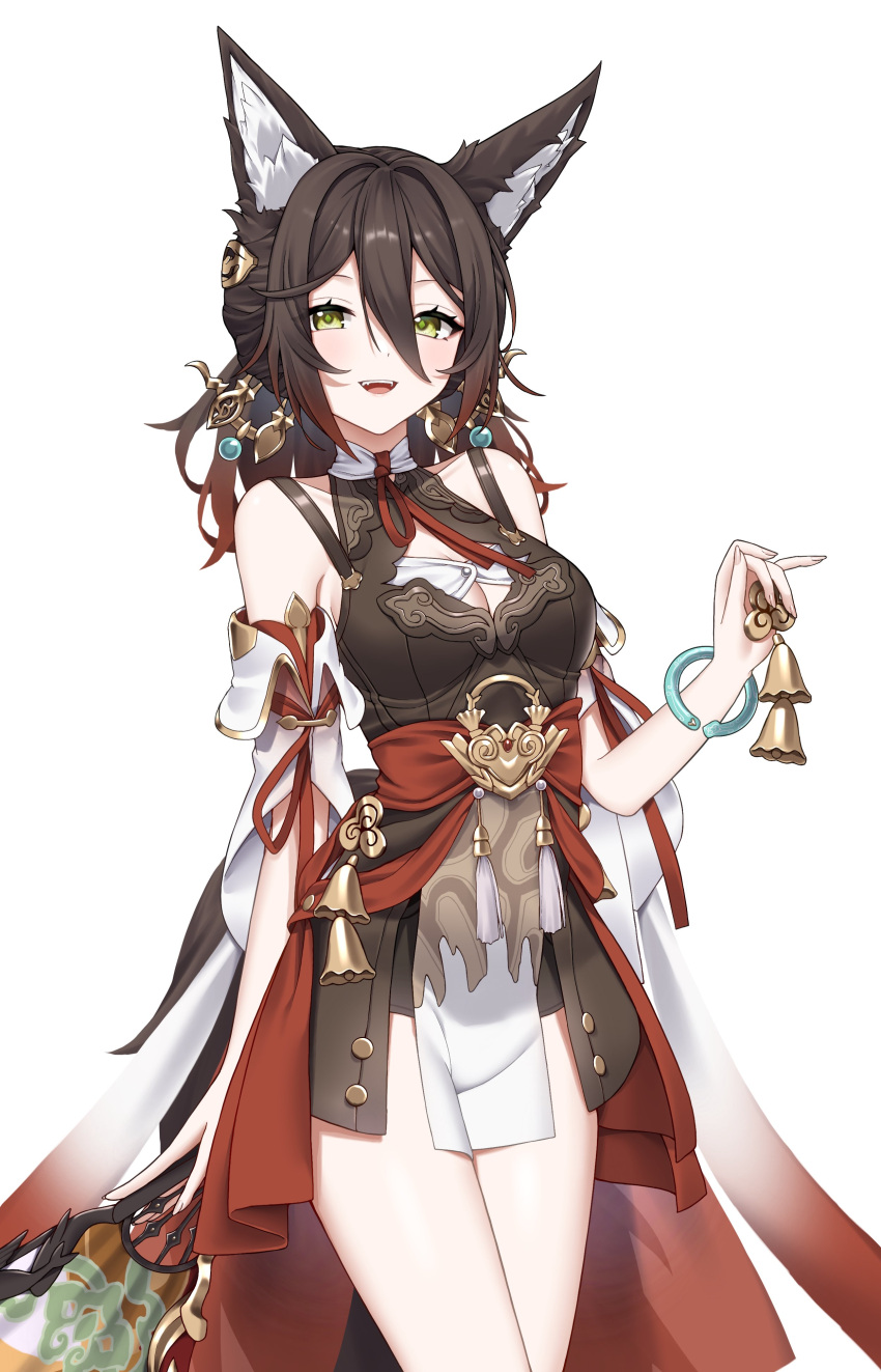 1girl absurdres animal_ear_fluff animal_ears bare_legs bare_shoulders bell bracelet breasts brown_hair chinese_clothes cleavage detached_sleeves earrings fox_ears fox_girl green_eyes hair_between_eyes highres holding holding_bell honeyhoppin honkai:_star_rail honkai_(series) jewelry looking_at_viewer medium_breasts open_mouth simple_background solo standing teeth tingyun_(honkai:_star_rail) upper_teeth_only white_background