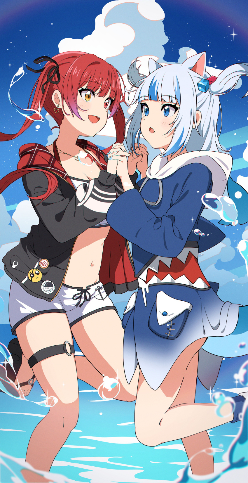 2girls absurdres animal_ears badge bikini bikini_under_clothes black_jacket black_ribbon blue_eyes blue_hair blue_hoodie blue_nails blue_sky blue_socks blunt_bangs breasts bubble button_badge cat_ears cleavage cloud crop_top cube_hair_ornament cumulonimbus_cloud day diffraction_spikes dolphin_shorts earrings fang feet fingernails fins fish_tail floating floating_hair gawr_gura gawr_gura_(1st_costume) gradient_hair hair_ornament hair_ribbon haru_yu heart heart_earrings heart_necklace heterochromia highres holding_hands hololive hololive_english hood hoodie houshou_marine houshou_marine_(summer) interlocked_fingers jacket jewelry long_hair long_sleeves looking_at_another medium_breasts midriff multicolored_hair multiple_girls nail_polish navel necklace no_pants o-ring o-ring_thigh_strap ocean official_alternate_costume open_clothes open_jacket open_mouth outdoors pouch purple_hair red_eyes red_hair ribbon sandals shark_girl shark_hair_ornament shark_print shark_tail shinkiro_(hololive) shoes short_shorts shorts sidelocks sky smile sneakers socks standing standing_on_one_leg streaked_hair swimsuit tail thigh_strap toes twintails virtual_youtuber wading white_footwear white_hair white_hood white_shorts wide_sleeves yellow_eyes