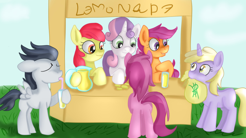 apple_bloom_(mlp) bag beverage butt container cup cutie_mark_crusaders_(mlp) dinky_hooves_(mlp) earth_pony equid equine eyes_closed female friendship_is_magic group hasbro hi_res horn horse jbond lemonade lemonade_stand male mammal money money_bag mouth_hold my_little_pony pegasus pony rear_view redraw ruby_pinch_(mlp) rumble_(mlp) scootaloo_(mlp) sweetie_belle_(mlp) unicorn wings