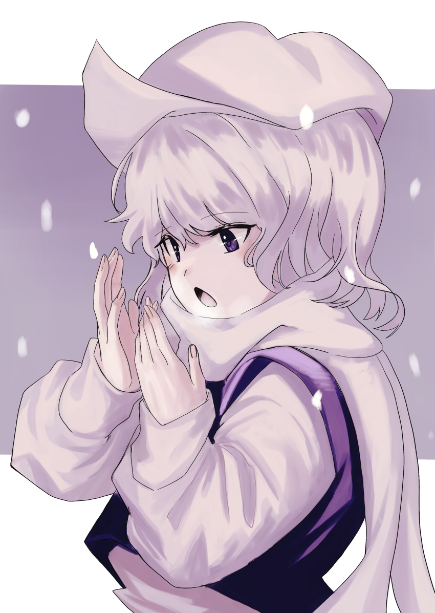 1girl absurdres grey_background grey_hair hat highres letty_whiterock long_sleeves open_mouth puffy_sleeves scarf short_hair snow solo touhou turtle-kun upper_body white_scarf yuki_onna