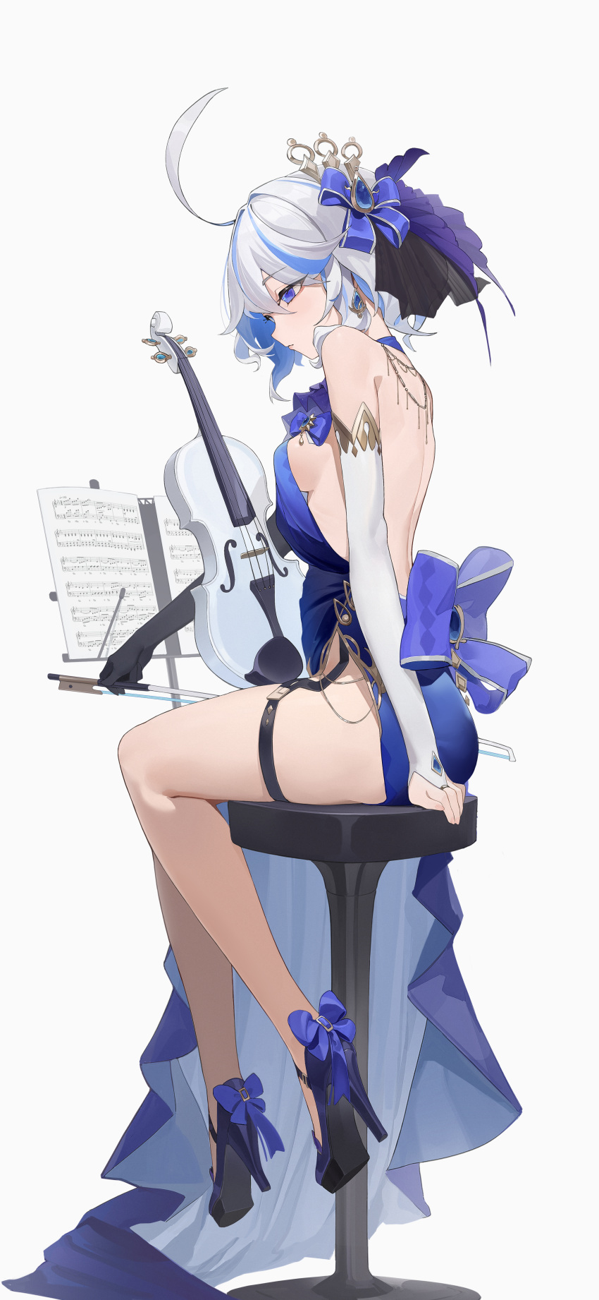 1girl absurdres ahoge berserker_r blue_dress blue_eyes blue_hair bow breasts bridal_gauntlets closed_mouth dress earrings from_side full_body furina_(genshin_impact) genshin_impact hair_bow high_heels highres holding instrument jewelry looking_down multicolored_hair music_stand sideboob sitting small_breasts solo staff_(music) stool streaked_hair thighs violin white_hair