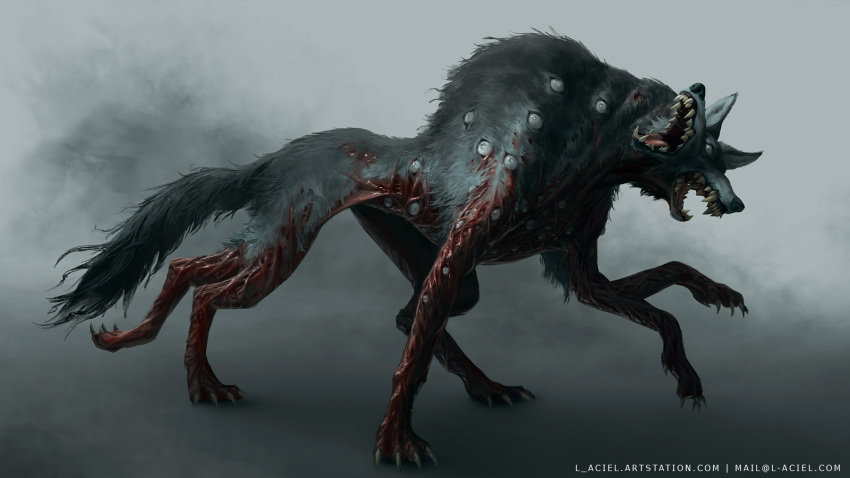 copyright_request creature email_address extra_eyes extra_legs extra_mouth gradient_background grey_background grey_eyes highres l_aciel looking_at_viewer open_mouth sharp_teeth teeth tongue wolf