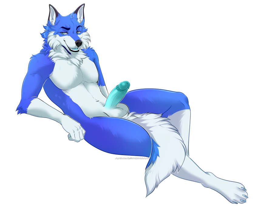 absurd_res anatomically_inaccurate anthro black_body black_fur black_nose blue_body blue_eyes blue_fur blue_penis blue_tongue canid canine canis deaton fur genitals hi_res humanoid_genitalia hybrid lying male mammal on_back peachan penis presenting presenting_penis smile smirk solo tail tongue white_body white_fur wolfdog