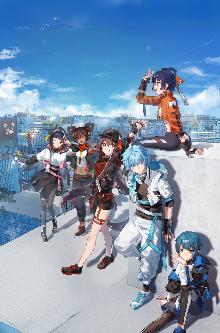 2boys 4girls absurdres alternate_costume arm_support arm_up asymmetrical_bangs belt black_gloves black_headwear black_jacket black_shorts blue_eyes blue_hair blue_sky blunt_bangs braid brown_hair building chongyun_(genshin_impact) city cityscape closed_eyes crop_top cropped_jacket dark-skinned_female dark_skin earrings eyeshadow fingerless_gloves flower-shaped_pupils genshin_impact gloves grape_(pixiv27523889) guoba_(genshin_impact) hair_rings highres hime_cut hood hoodie hu_tao_(genshin_impact) jacket jewelry leg_up light_blue_hair looking_at_viewer makeup multicolored_hair multiple_boys multiple_girls navel on_roof one_eye_closed open_mouth orange_eyes outdoors pants pantyhose_under_shorts red_belt red_eyeshadow rooftop shoes short_shorts shorts single_earring sitting sitting_on_roof skiet skirt sky smile sneakers streaked_hair symbol-shaped_pupils thigh_strap track_pants v white_hoodie xiangling_(genshin_impact) xingqiu_(genshin_impact) xinyan_(genshin_impact) yellow_eyes yun_jin_(genshin_impact)