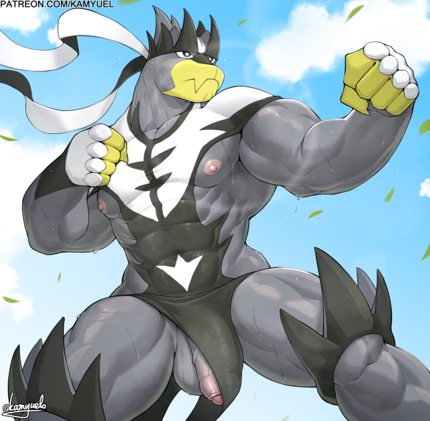 abs anthro balls bodily_fluids clothed clothing clothing_aside generation_8_pokemon genitals kamyuelo legendary_pokemon male muscular muscular_anthro muscular_male nintendo nipples partially_clothed pecs penis pokemon pokemon_(species) solo sweat urshifu