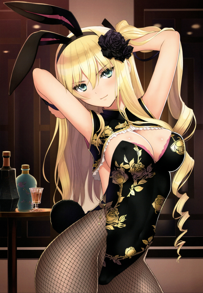1girl absurdres animal_ears arms_behind_head arms_up black_leotard blonde_hair blue_eyes blush breasts cleavage closed_mouth covered_navel covered_nipples fake_animal_ears fake_tail fishnet_pantyhose fishnets floral_print frills gold_trim hair_ornament highleg highleg_leotard highres indoors jin-lian leotard long_hair looking_at_viewer medium_breasts original pantyhose playboy_bunny rabbit_ears rabbit_tail scan shiny_skin simple_background smile solo strapless strapless_leotard tail tony_taka wrist_cuffs