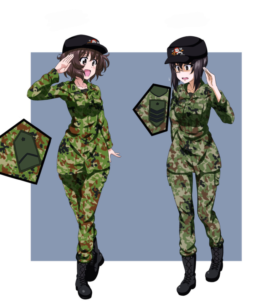 2girls akiyama_yukari black_hair blush breasts brown_eyes brown_hair camouflage camouflage_jacket camouflage_pants collarbone fang girls_und_panzer hat highres jacket kawashima_momo key_(gaigaigai123) military military_uniform monocle multiple_girls open_mouth pants salute short_hair simple_background small_breasts smile tears uniform