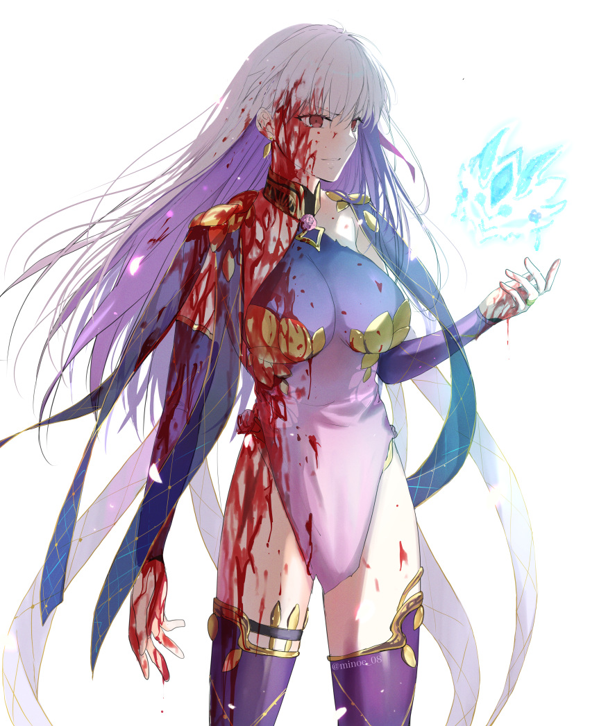 1girl absurdres armlet armor bare_shoulders bikini_armor blood blush bracelet breasts collar detached_sleeves dress earrings fate/grand_order fate_(series) floral_print hair_ribbon highres jewelry kama_(fate) kama_(second_ascension)_(fate) large_breasts long_hair metal_collar minoe08 pelvic_curtain purple_dress purple_sleeves purple_thighhighs red_eyes ribbon ring solo thighhighs thighlet thighs white_hair