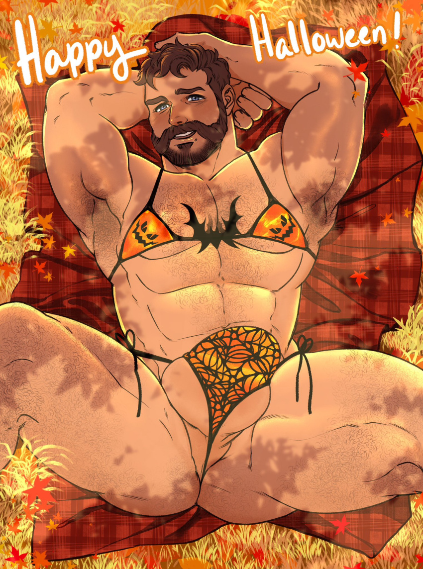 1boy arm_hair armpits ass bara beard bent_over bra call_of_duty captain_price chest_hair come_hither facial_hair feet_out_of_frame from_above goatee_stubble hairy half-erect happy_halloween highres jack-o'-lantern_print large_pectorals large_testicles leg_hair looking_at_viewer majormelon1 male_focus mature_male muscular muscular_male mustache mutton_chops navel_hair orange_bra orange_panties panties pectorals presenting print_bra print_panties short_hair solo spread_legs strongman_waist testicles thick_eyebrows thick_mustache thick_thighs thighs uncensored undersized_clothes underwear