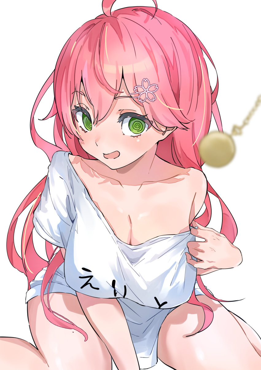 1girl @_@ absurdres ahoge bare_shoulders breasts cleavage clothes_pull clothes_writing commentary_request eru_(l_illust45) green_eyes hair_ornament hairclip highres hololive hypnosis leaning_forward long_hair mind_control no_bra no_pants off_shoulder open_mouth pendulum pink_hair pocket_watch pulled_by_self sakura_miko shirt shirt_pull solo thighs virtual_youtuber watch white_shirt