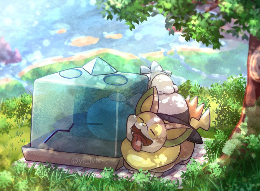 closed_eyes commentary_request day eiscue eiscue_(ice) fangs grass kotobukkii_(yt_lvlv) lying no_humans open_mouth outdoors pokemon pokemon_(creature) sleeping snom tongue tongue_out tree yamper