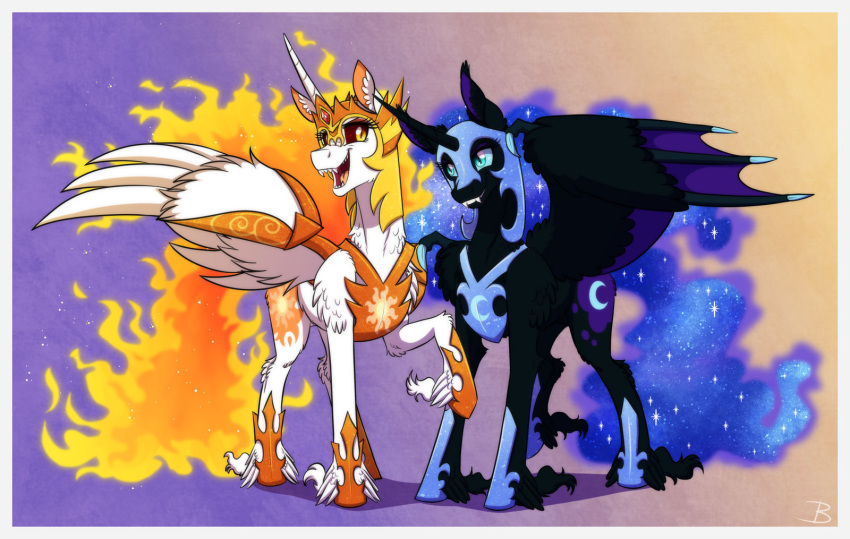 armor blue_eyes blue_hair blue_sclera crown cutie_mark dark_sclera daybreaker_(mlp) duo equid equine ethereal_hair fangs feathered_wings feathers female fire flaming_hair flaming_mane flaming_tail friendship_is_magic hair hasbro headgear helmet hi_res horn horseshoe inuhoshi-to-darkpen mammal membrane_(anatomy) membranous_wings my_little_pony nightmare_moon_(mlp) pseudo_hair pseudo_mane pupils red_sclera sharp_teeth slit_pupils sparkles tail teeth winged_unicorn wings yellow_eyes