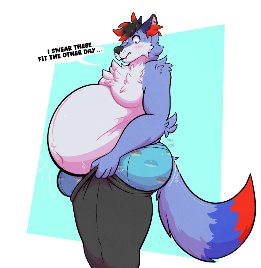 anthro awoogasm belly big_belly big_butt bite biting_lip black_hair blue_body blue_clothing blue_fur blue_underwear blush bottomwear bulge butt canid canine canis chest_tuft clothed clothing dessert doughnut ear_piercing fluffy food fur hair hi_res looking_down_at_self male mammal meme multicolored_body multicolored_fur multicolored_hair overweight overweight_anthro overweight_male pants pattern_clothing pattern_underwear piercing pulling_up_pants solo thick_thighs tight_bottomwear tight_clothing tight_pants tight_pants_(meme) topless tuft two_tone_hair underwear wolf