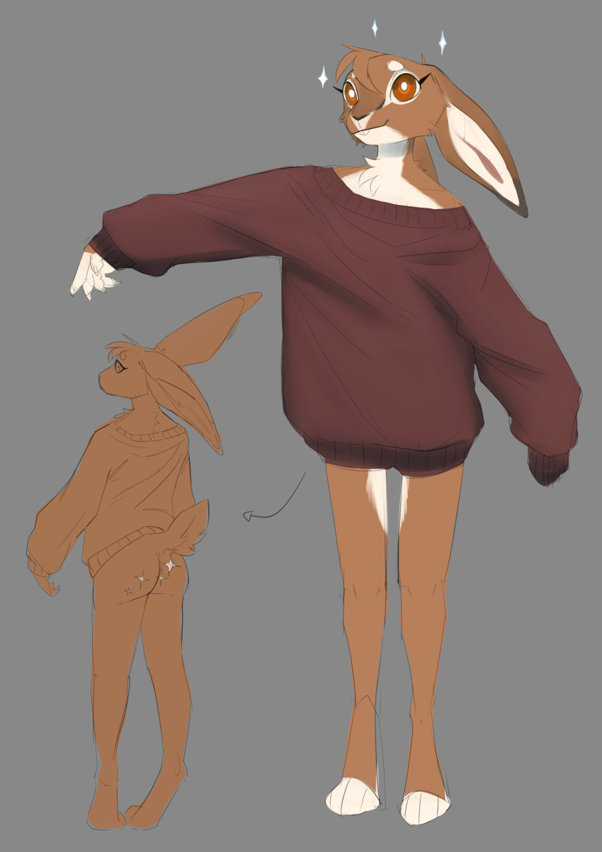 2023 5_fingers absurd_res anthro baggy_clothing big_ears bottomless buckteeth butt chest_tuft clothed clothing digital_media_(artwork) digitigrade female ferima fingers floppy_ears hare hi_res lagomorph leporid looking_at_viewer mammal maylis multicolored_body orange_eyes pose rear_view scut_tail short_tail simple_background solo sparkles sweater sweater_only tail teeth topwear topwear_only tuft two_tone_body