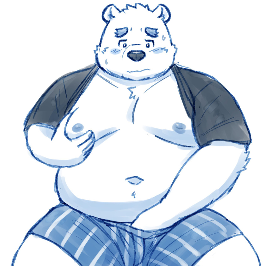 2023 anthro bear belly big_belly blush bodily_fluids clothed clothing hi_res kemono male mammal moobs navel nipples overweight overweight_male raised_clothing raised_shirt raised_topwear shirane_kan shirt solo sweat topwear underwear utau yaki_atsuage