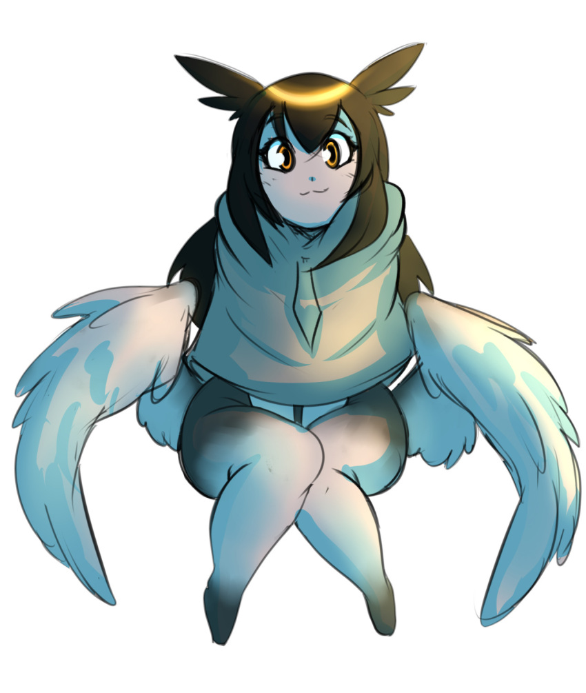 1girl :3 ashes_of_babel bad_source bewbchan black_hair cloak closed_mouth colored_skin feathered_wings feet_out_of_frame grey_cloak grey_skin hair_between_eyes happy harpy head_wings highres leaning_forward long_hair looking_at_viewer monster_girl multicolored_hair necktie orange_eyes orange_hair shina_(ashes_of_babel) simple_background sitting smile solo two-tone_hair white_background white_wings wings