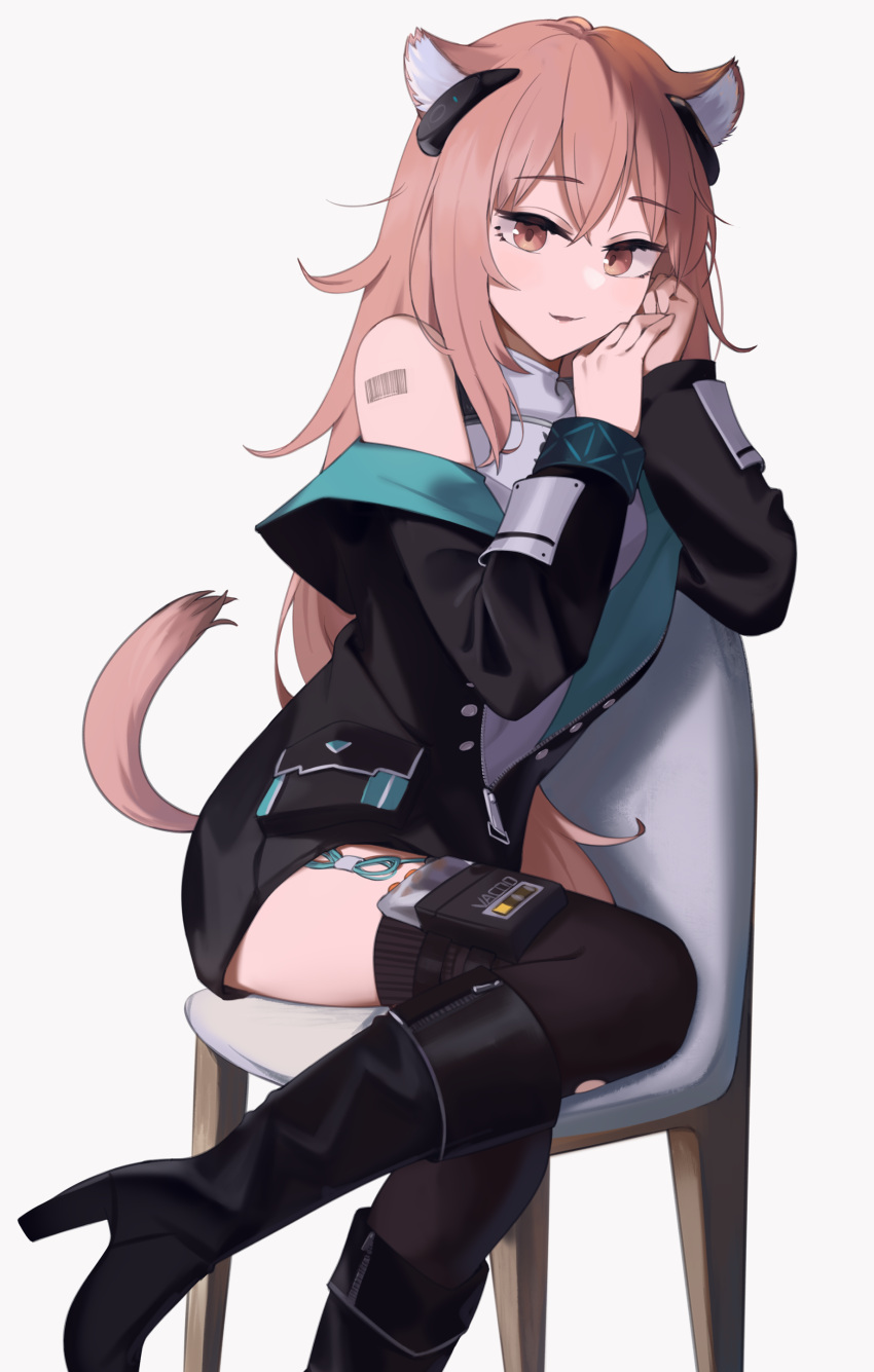 1girl absurdres animal_ear_fluff animal_ears arknights barcode barcode_tattoo bare_shoulders black_footwear black_thighhighs boots bracelet brown_eyes brown_hair chair gravel_(arknights) highres hinami047 infection_monitor_(arknights) jacket jewelry knee_boots long_hair long_sleeves looking_at_viewer off_shoulder open_clothes open_jacket parted_lips shoulder_tattoo simple_background sitting smile solo tail tattoo thighhighs white_background
