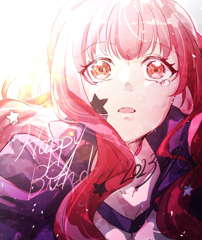 1girl citrine_11 facial_mark fire_emblem fire_emblem_engage hair_ornament happy_birthday highres long_hair looking_at_viewer open_mouth red_eyes red_hair solo star_(symbol) star_hair_ornament sunlight tearing_up tears white_background yunaka_(fire_emblem)