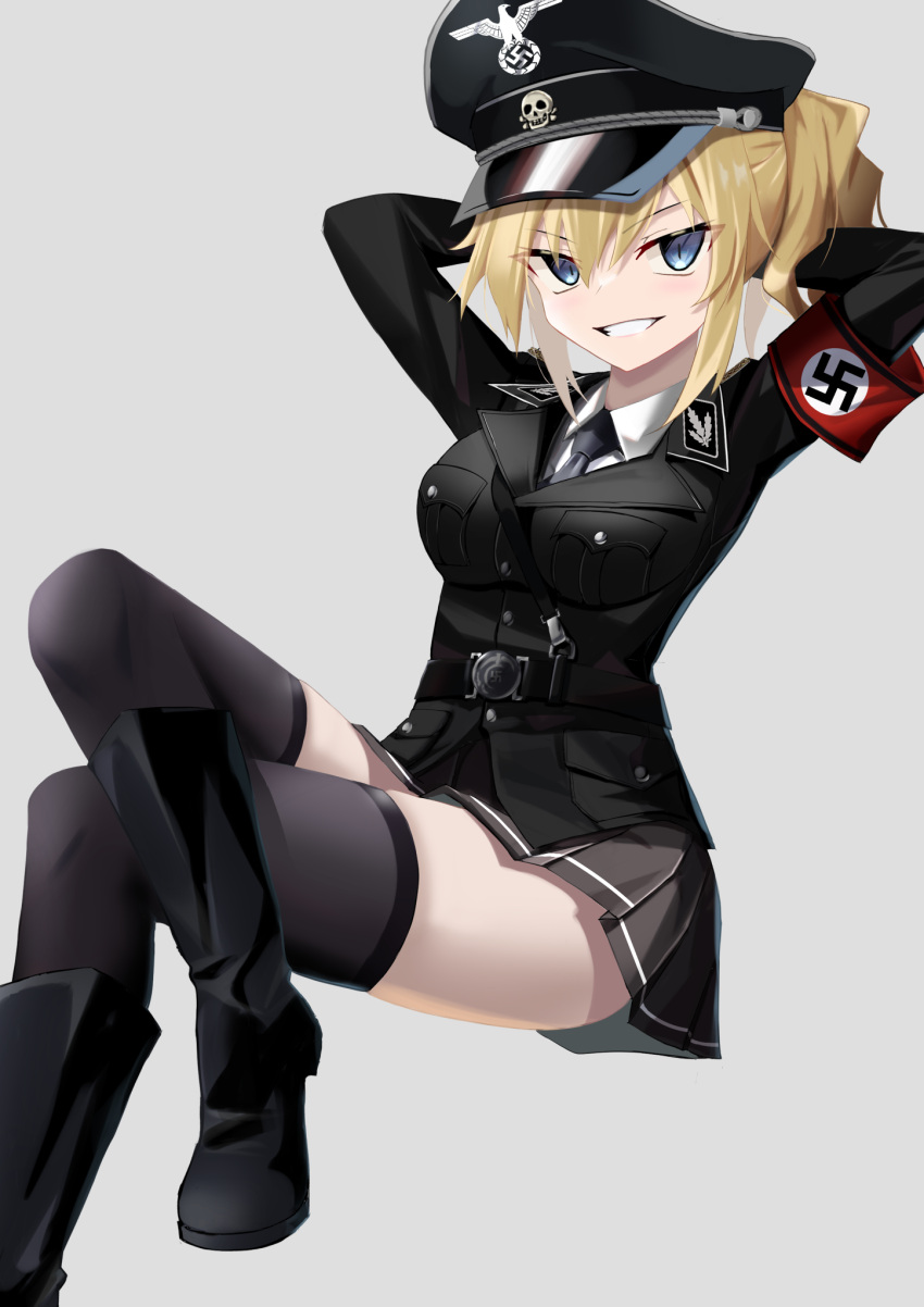 blonde_hair breasts commission highres jiseki_rena large_breasts looking_at_viewer military military_uniform nazi pixiv_commission soldier thighs umineko_no_naku_koro_ni uniform ushiromiya_jessica