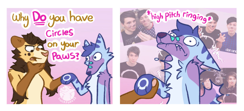 2_panel_comic andromorph_(lore) anthro arm_tuft bite biting_lip blue_body blue_fur blue_hair border brown_body brown_fur brown_hair canid canine cheek_tuft chest_tuft cringing dan_and_phil dialogue duo ears_back elbow_tuft english_text facial_tuft felid female fox fur green_markings gynomorph_(lore) hair half-closed_eyes hi_res humor lion luckfoxo33 male mammal mane mane_hair markings narrowed_eyes open_mouth pantherine pink_background pivoted_ears purple_body purple_fur simple_background sound_effects tan_body tan_fur tatum_(tolng) text tolng trans_(lore) trans_man_(lore) trans_woman_(lore) tuft white_border wide_eyed yellow_body yellow_fur