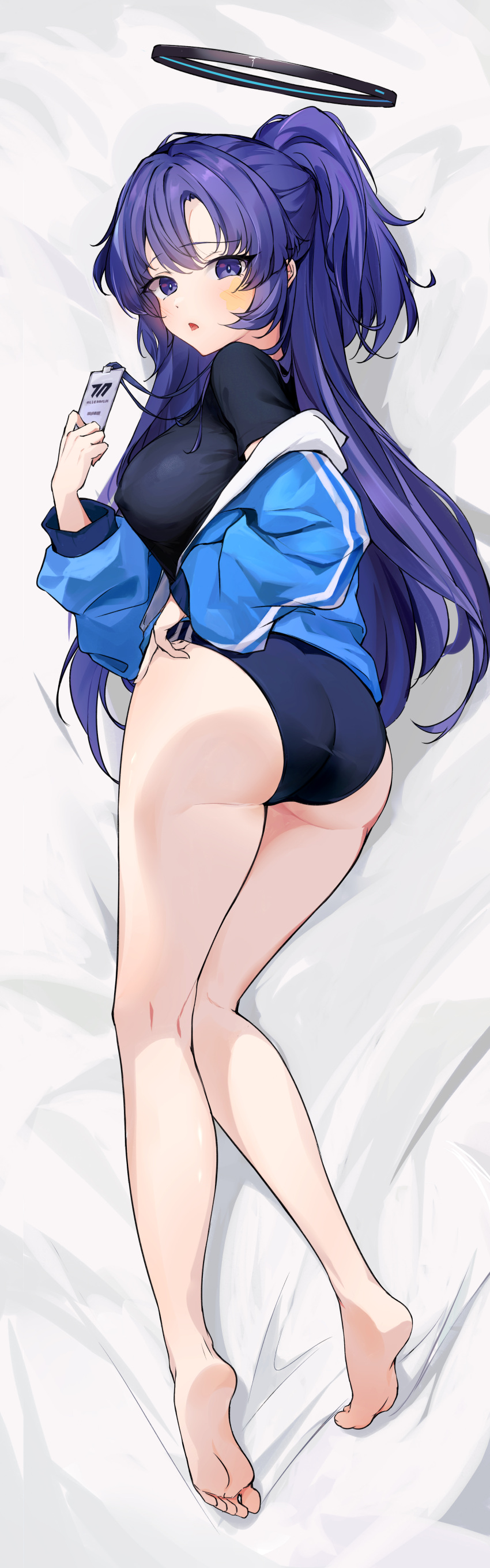 1girl absurdres ass barefoot bed_sheet black_shirt blue_archive blue_buruma blue_jacket breasts bright_pupils buruma dakimakura_(medium) feet from_above gym_shirt gym_uniform halo hermityy highres id_card jacket kneepits lanyard large_breasts legs long_hair long_sleeves looking_at_viewer lying off_shoulder official_alternate_costume on_side open_clothes open_jacket open_mouth ponytail purple_eyes purple_hair shirt soles solo star_(symbol) star_sticker sticker_on_face thighs toes track_jacket white_pupils yuuka_(blue_archive) yuuka_(track)_(blue_archive)