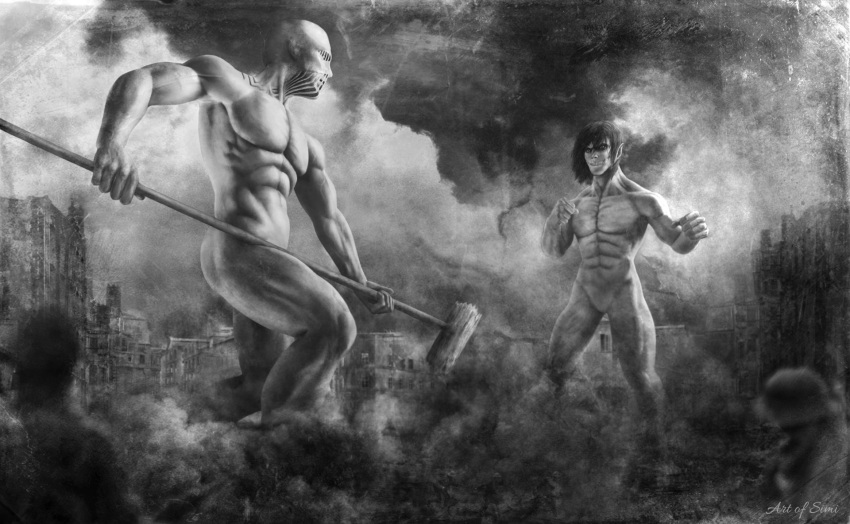 2boys battle duel feet_out_of_frame giant giant_male greyscale hammer highres holding holding_hammer looking_at_another male_focus monochrome multiple_boys muscular muscular_male raised_fists rogue_titan shingeki_no_kyojin simi_braun smoke standing titan_(shingeki_no_kyojin) war_hammer_titan